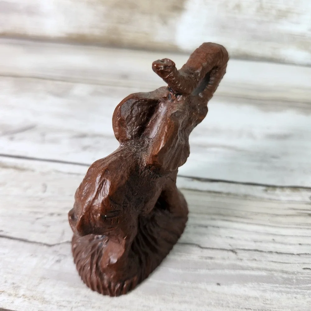 Carved Baby Elephant Raised Trunk‎ Miniature Brown Figurine Statue Safari
